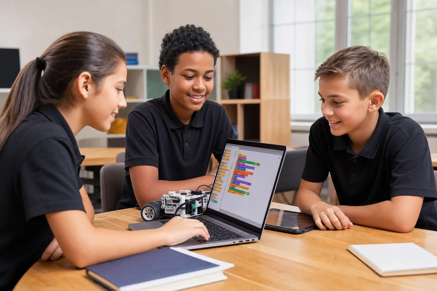 Students learning coding and robotics together in a realistic classroom