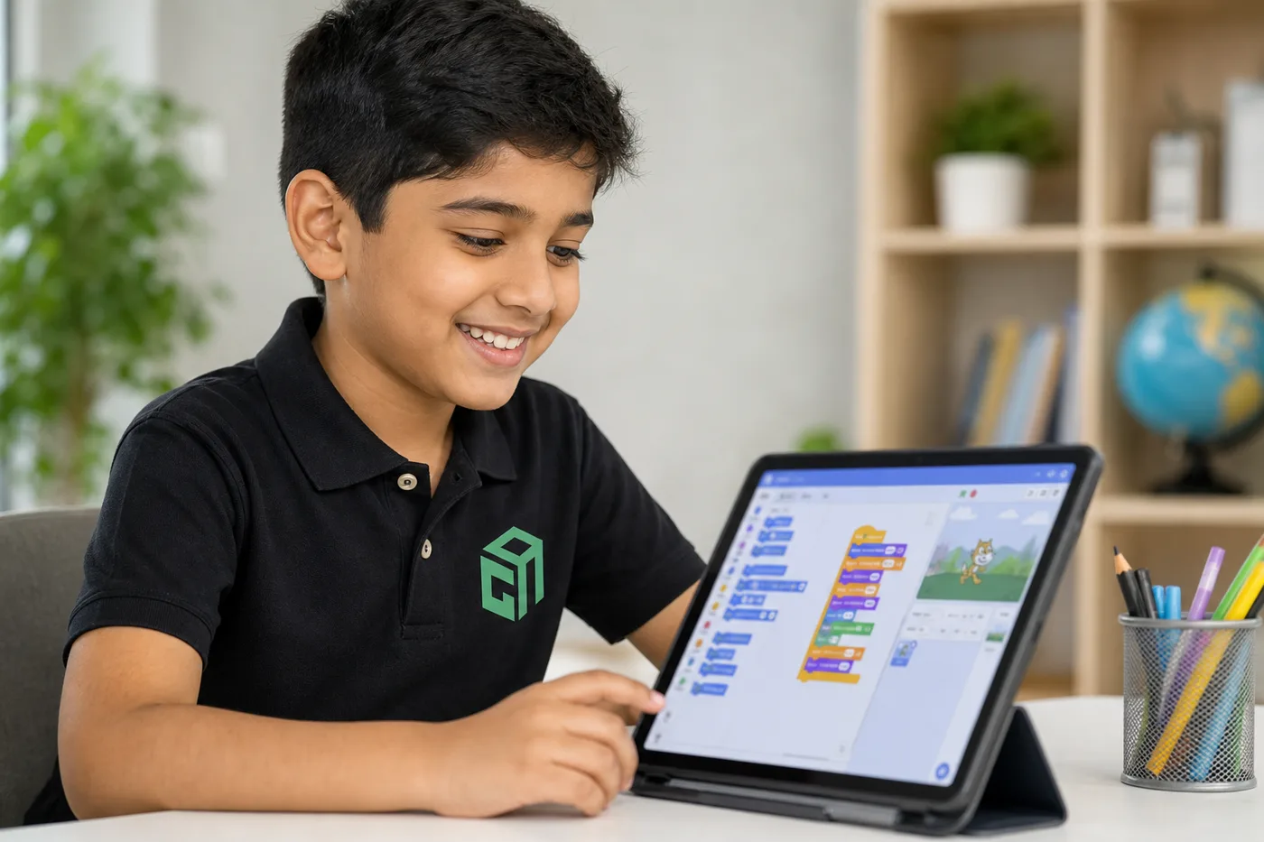 8-year-old GeekashramJr student in black Geekashram polo learning block coding on a tablet