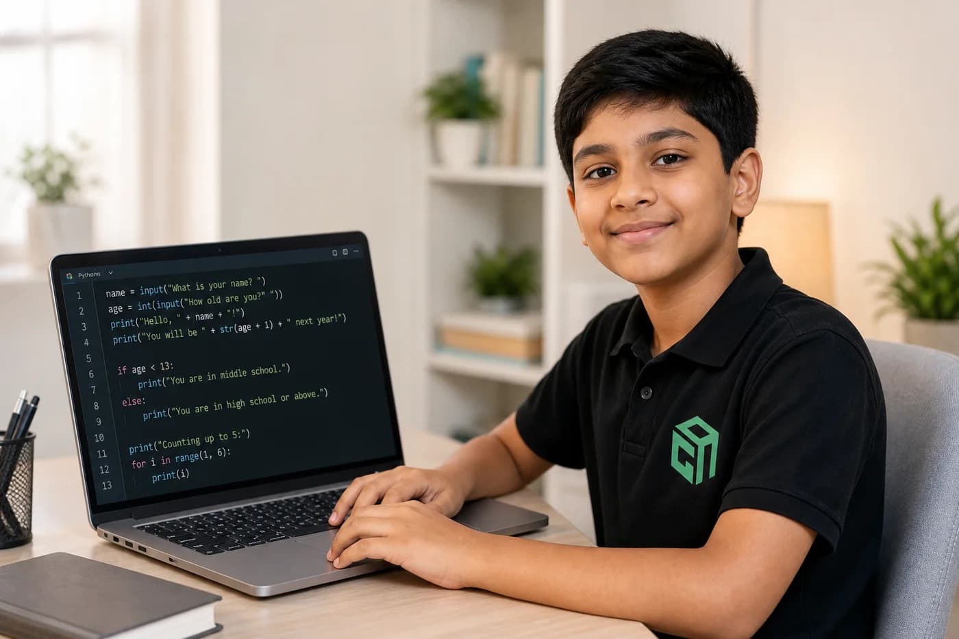 Kid building beginner Python projects on a laptop in the first month