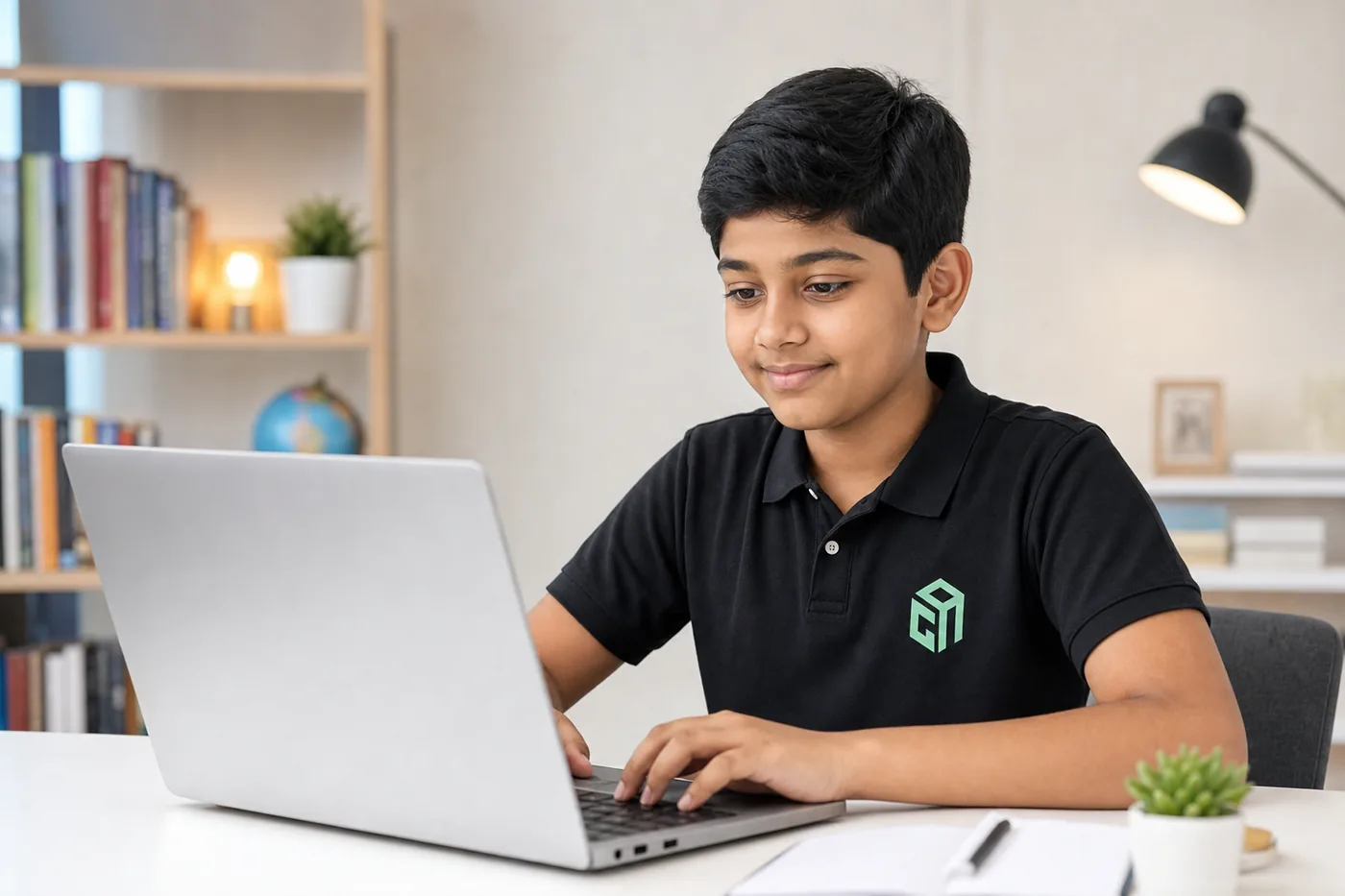 GeekashramJr student in black Geekashram polo learning on a laptop at a home study desk