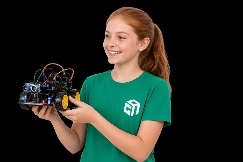 A GeekashramJr student in Australia holding the robot they wired and programmed.