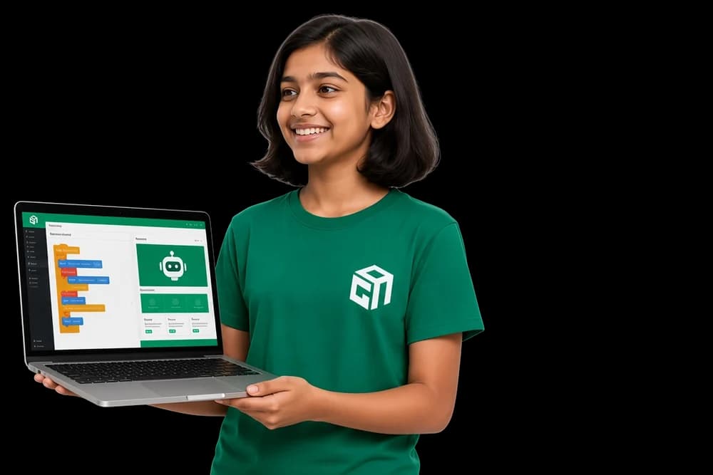 A GeekashramJr student in Canada holding a laptop with a project they built.