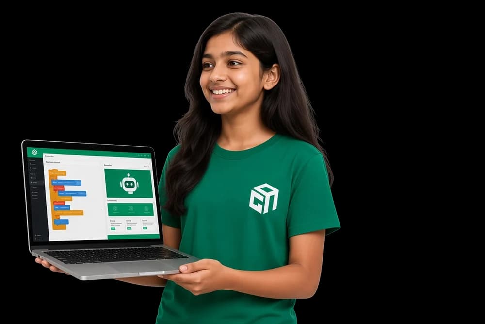 A GeekashramJr student in India holding a laptop running the game they coded.