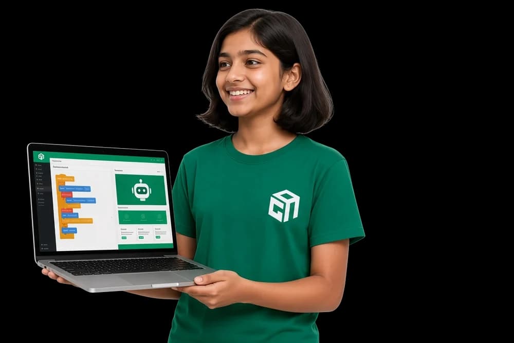 A GeekashramJr student in Singapore holding a laptop with a website they built.