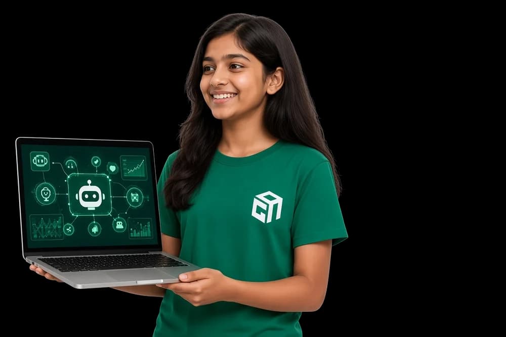A GeekashramJr student in the United Arab Emirates holding a laptop with a project they built.