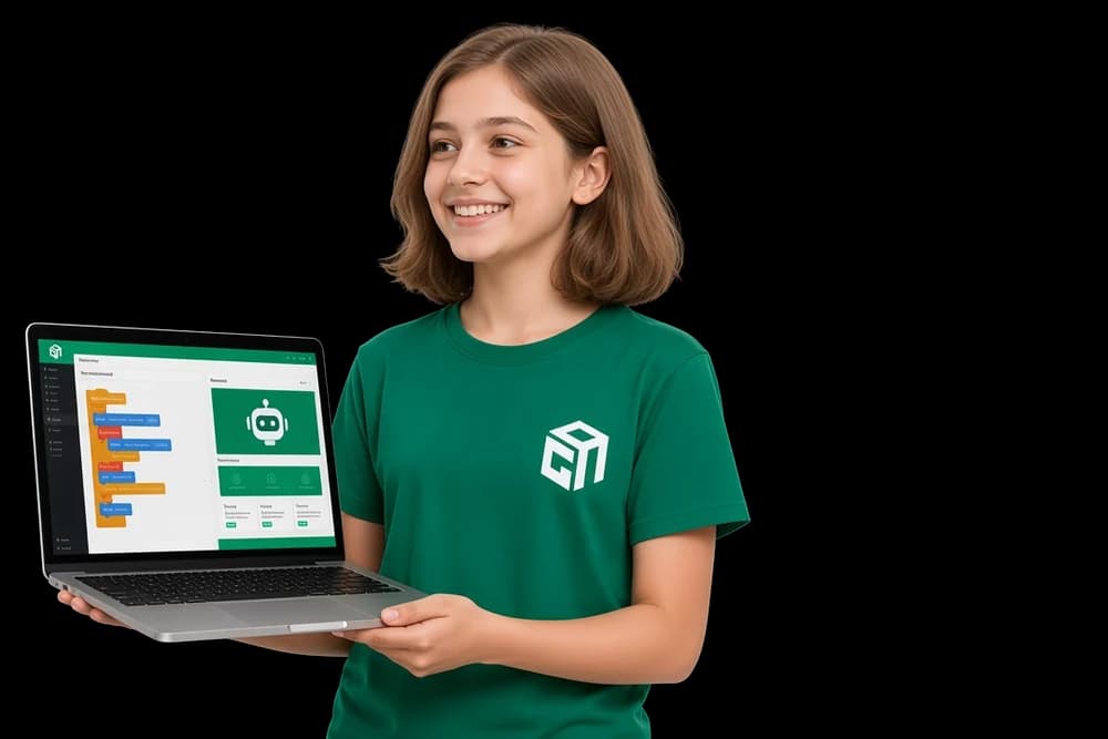 A GeekashramJr student in the United Kingdom holding a laptop with a project they built.