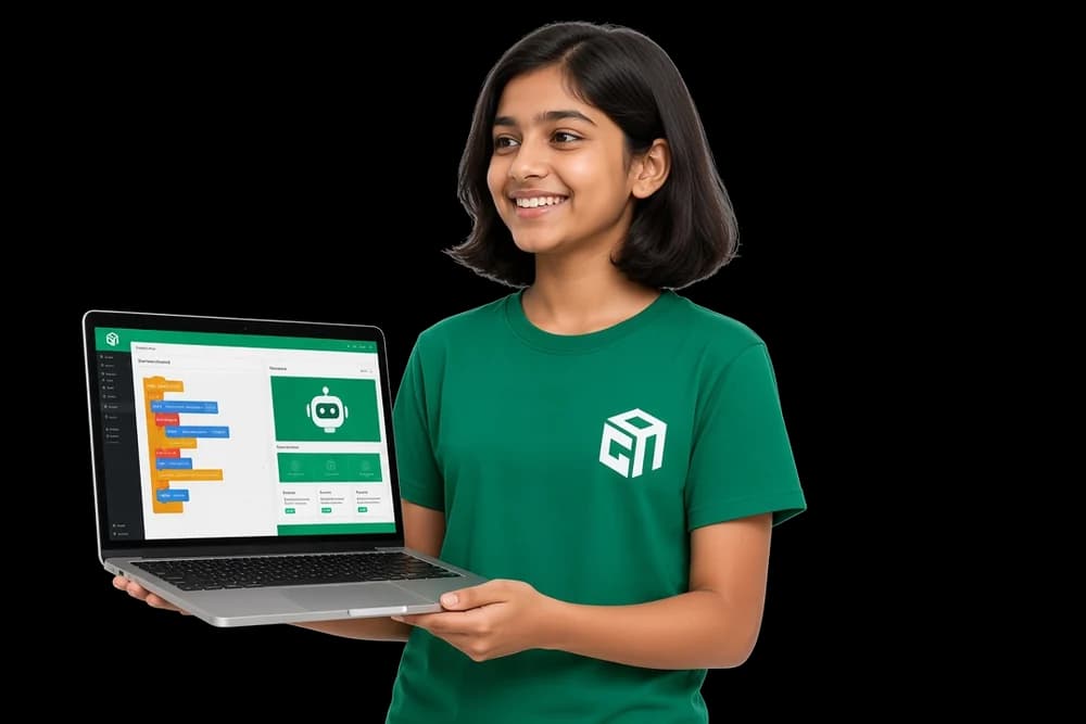 A GeekashramJr student in the United States holding a laptop with a project they built.