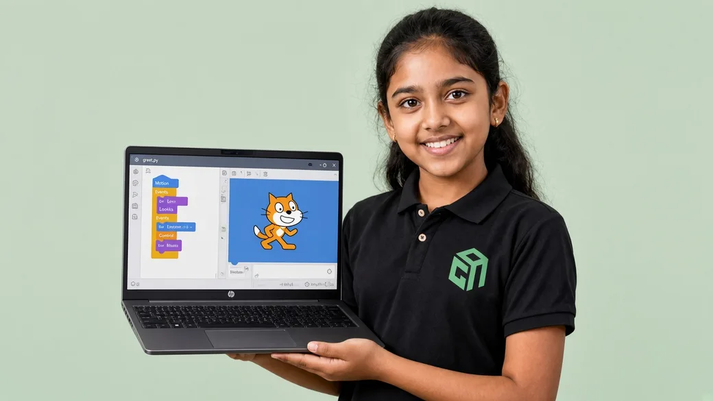 GeekashramJr student in a Geekashram polo building Scratch games, stories, and animations with block coding